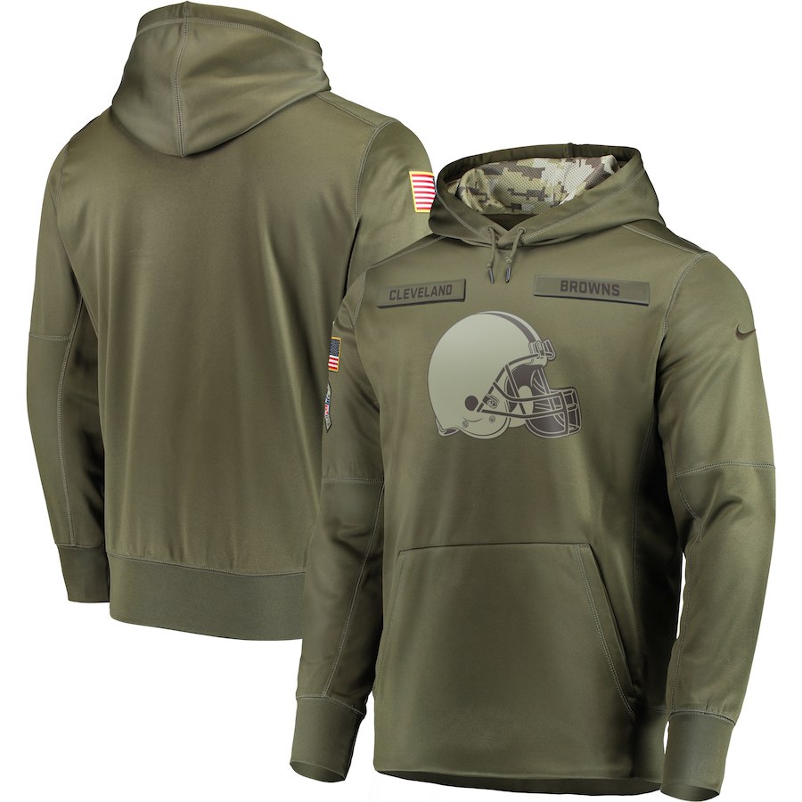 Men's Cleveland Browns 2018 Olive Salute to Service Sideline Therma Performance Pullover Stitched Hoodie Men's Cleveland Browns 2018 Olive Salute to Service Sideline Therma Performance Pullover Stitched Hoodie